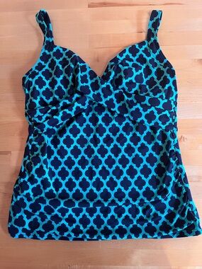 Lands' End Tankini Swim Top Sz 10 Blue Green Twist Bodice Underwire Bra Beach